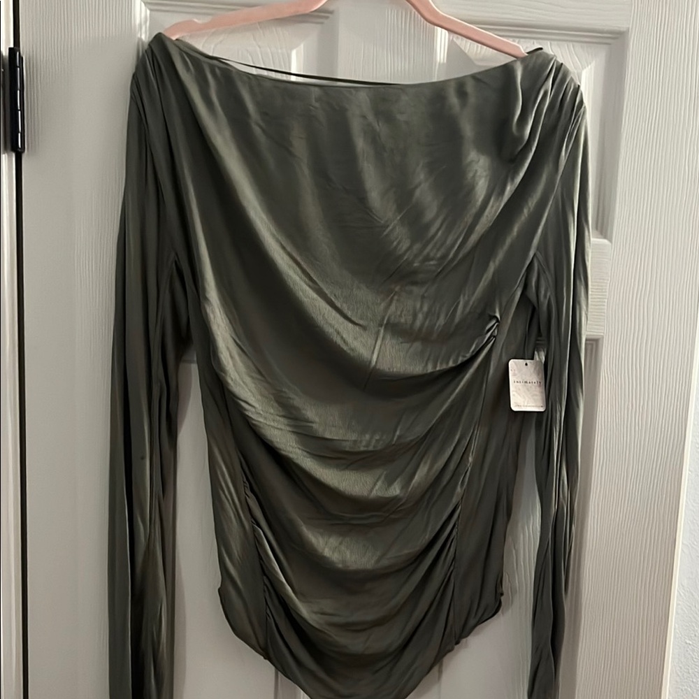 Free People Green Asymmetrical Ruched Long Sleeve T-shirt
